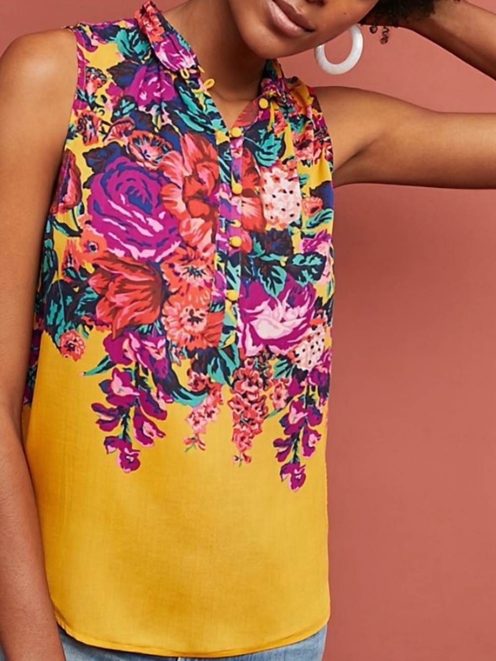 Meadow Rue by Anthropologie Cecilia Button-Neck Sleeveless Top in Yellow Floral